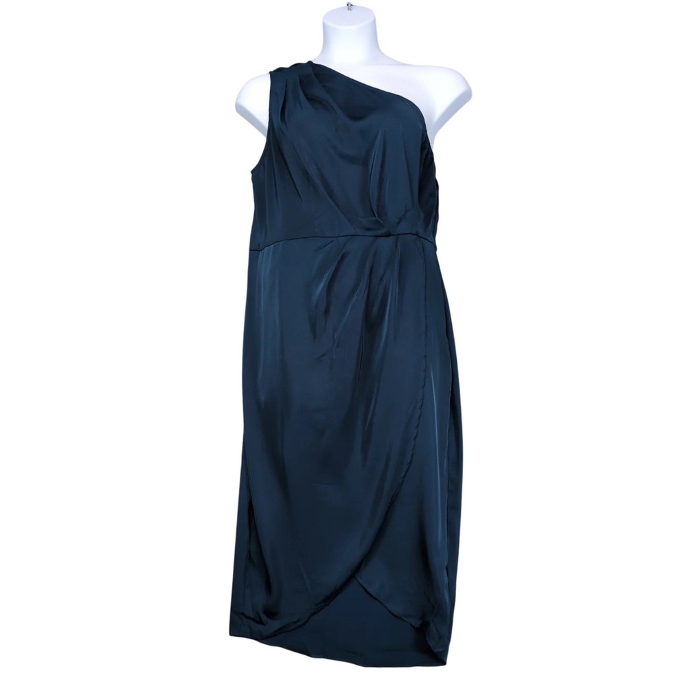 PrettyGarden Dark Teal One Shoulder Satin Midi Wrap Dress Sz XL Elegant Party